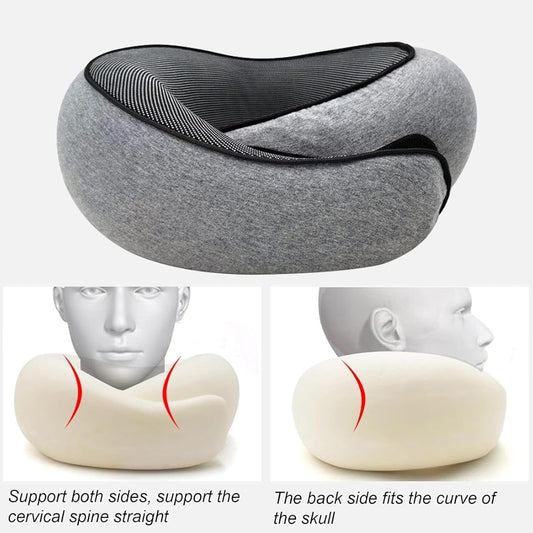 Adjustable Travel Neck Pillow, Memory Foam Cotton, Foldable, Light Grey