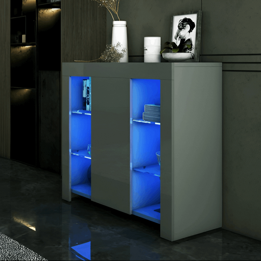 Modern Grey Gloss LED Sideboard Cabinet, 1 Door, 4 Glass Shelves 08030023J