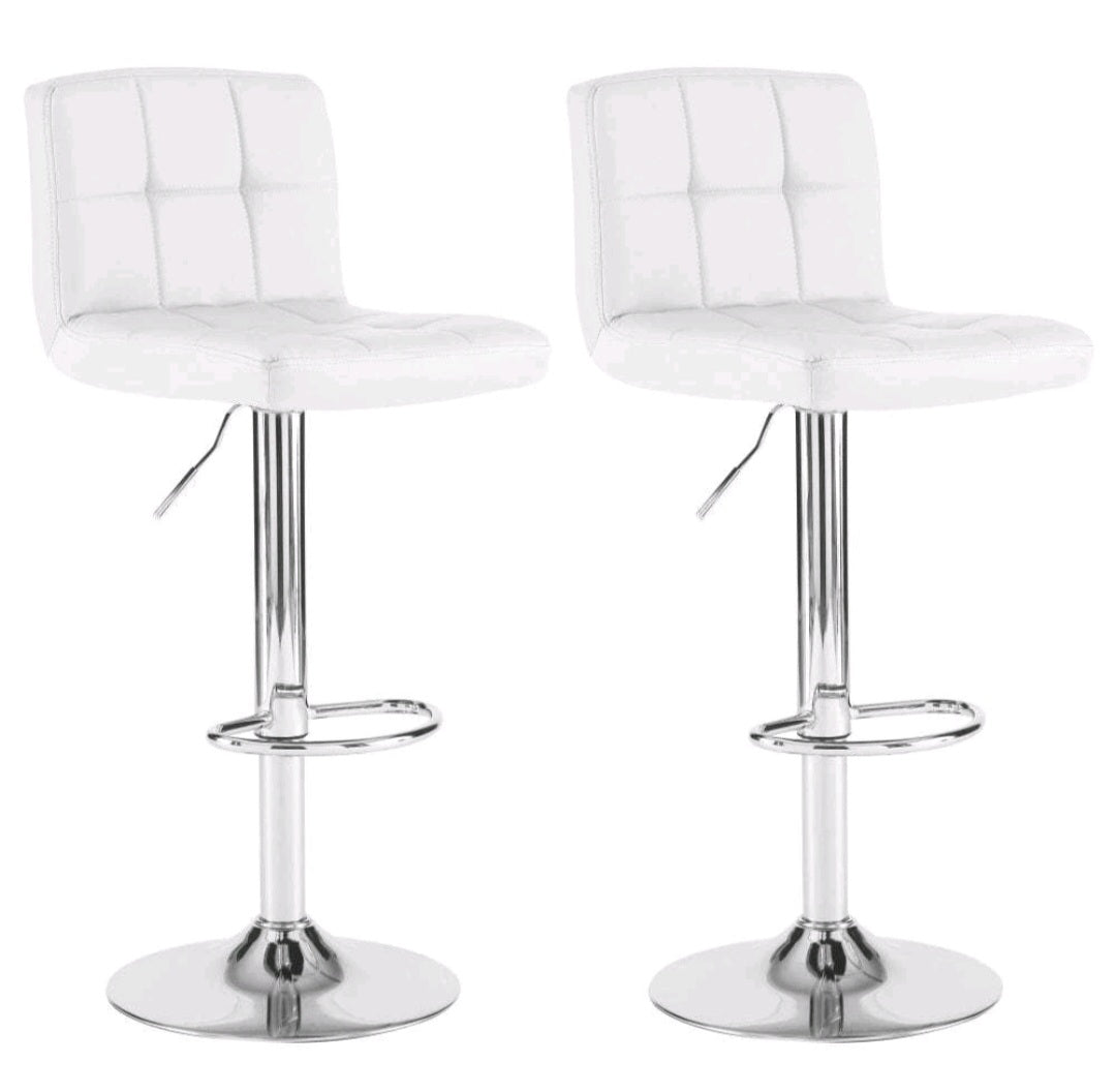 Modern White Faux Leather Gas Lift Bar Stools – Set of 2 | Adjustable Swivel Kitchen Breakfast Bar Chairs