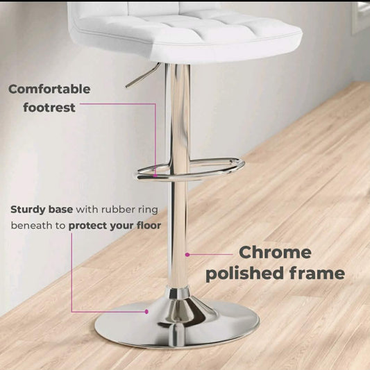 Modern White Faux Leather Gas Lift Bar Stools – Set of 2 | Adjustable Swivel Kitchen Breakfast Bar Chairs