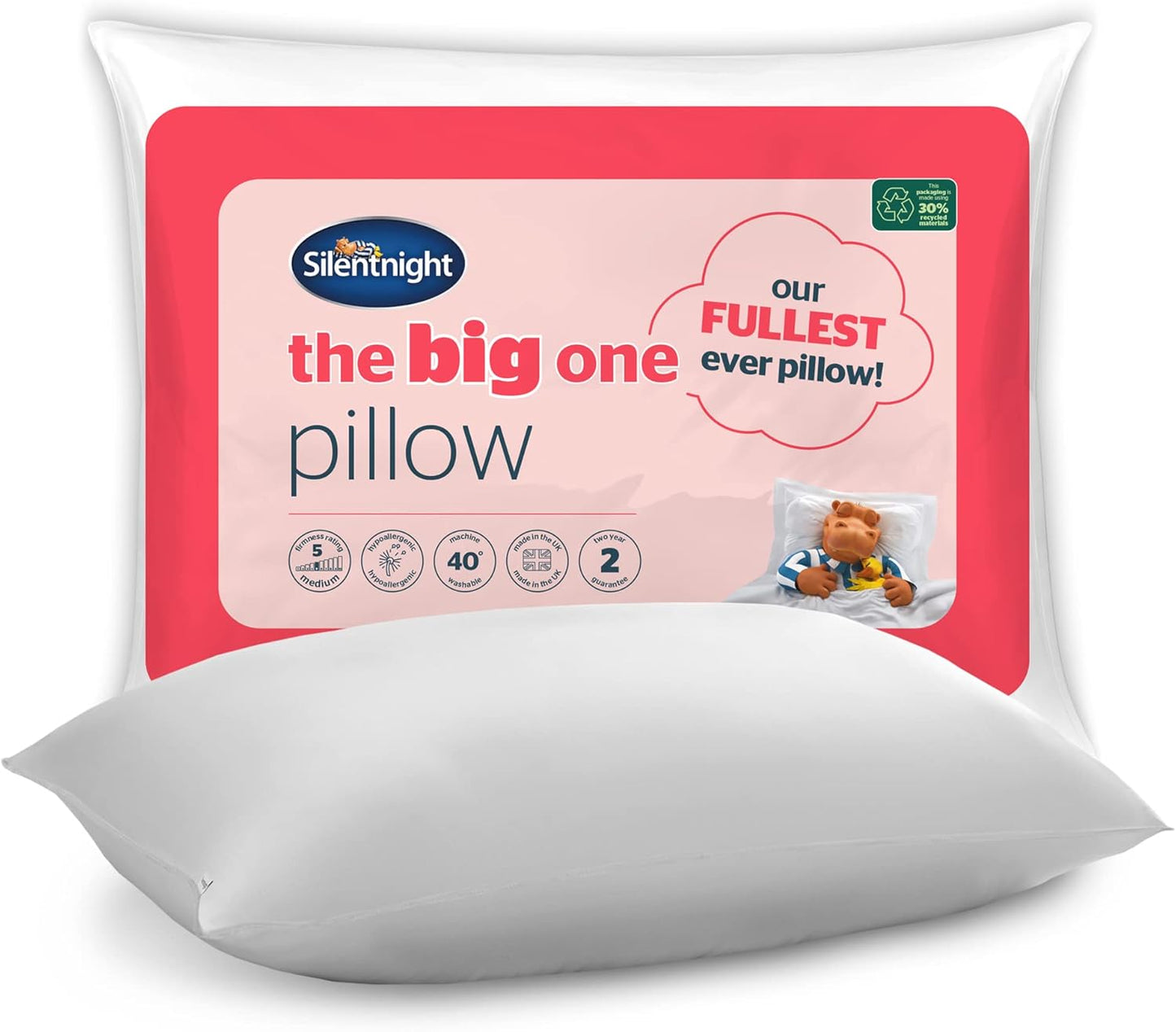 Silentnight The Big One Pillow - Extra Comfy Medium Support Thick Pillow Like Two Pillows - Ideal for Back and Side Sleepers - Hypoallergenic and Machine Washable – Pack of 1, White