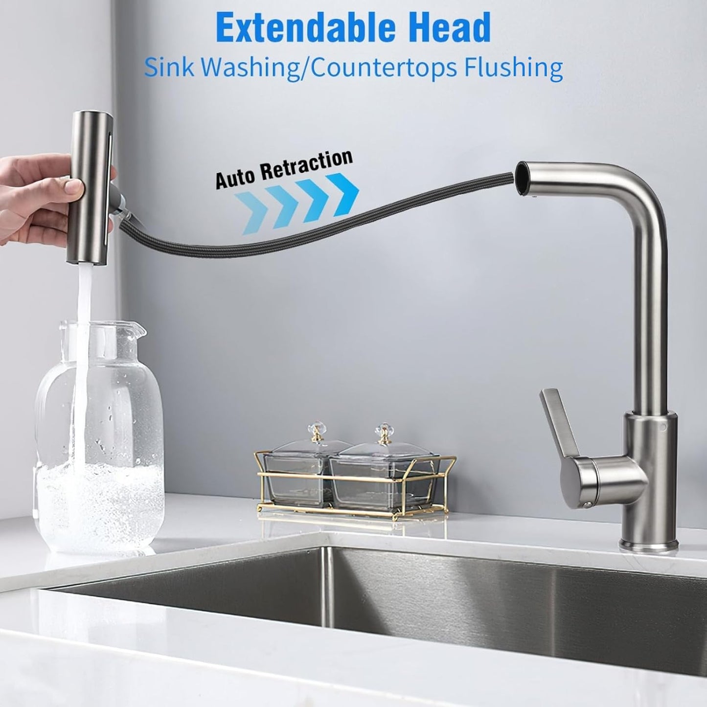 Kitchen Mixer Tap with Extendable Spray Head, 4-Mode Flow, Aerator & Filter – UK Standard (G1/2)