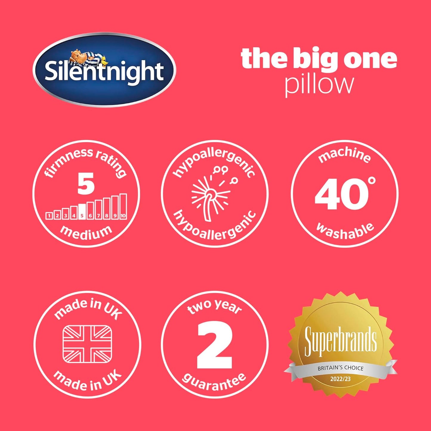 Silentnight The Big One Pillow - Extra Comfy Medium Support Thick Pillow Like Two Pillows - Ideal for Back and Side Sleepers - Hypoallergenic and Machine Washable – Pack of 1, White