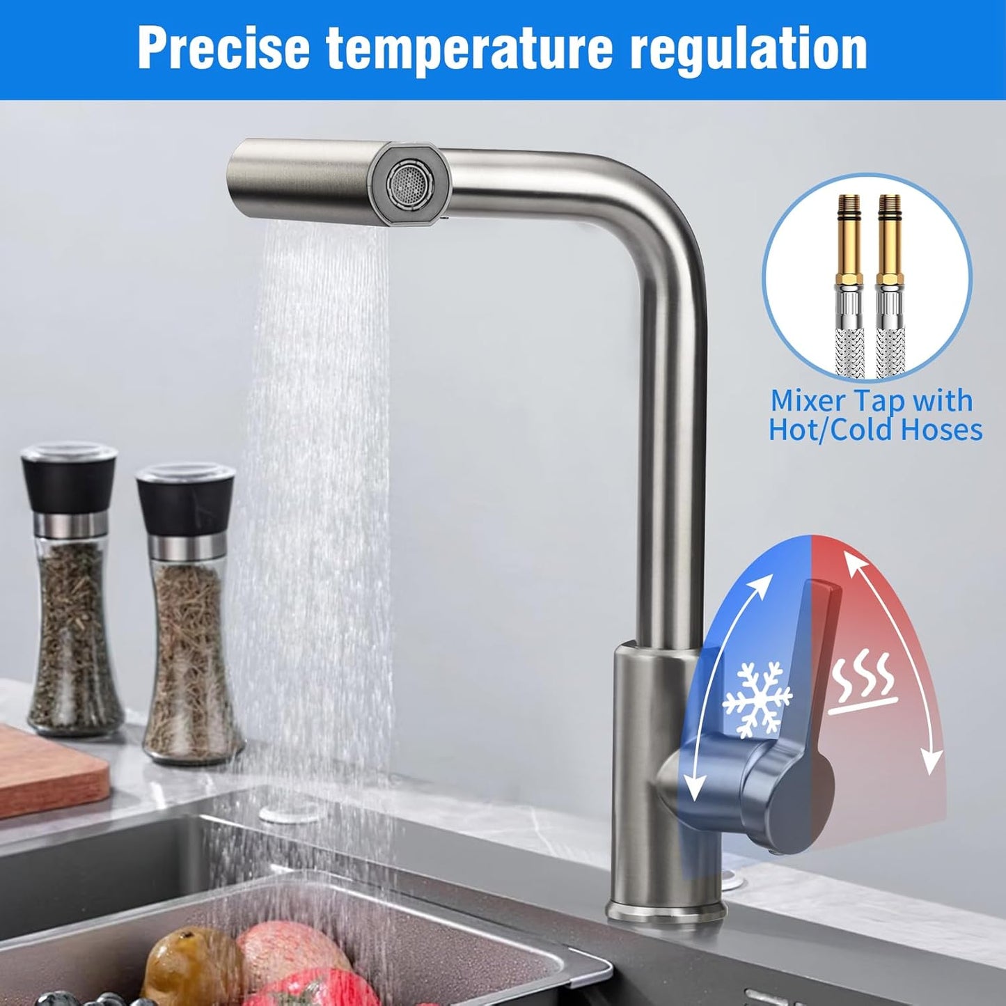 Kitchen Mixer Tap with Extendable Spray Head, 4-Mode Flow, Aerator & Filter – UK Standard (G1/2)