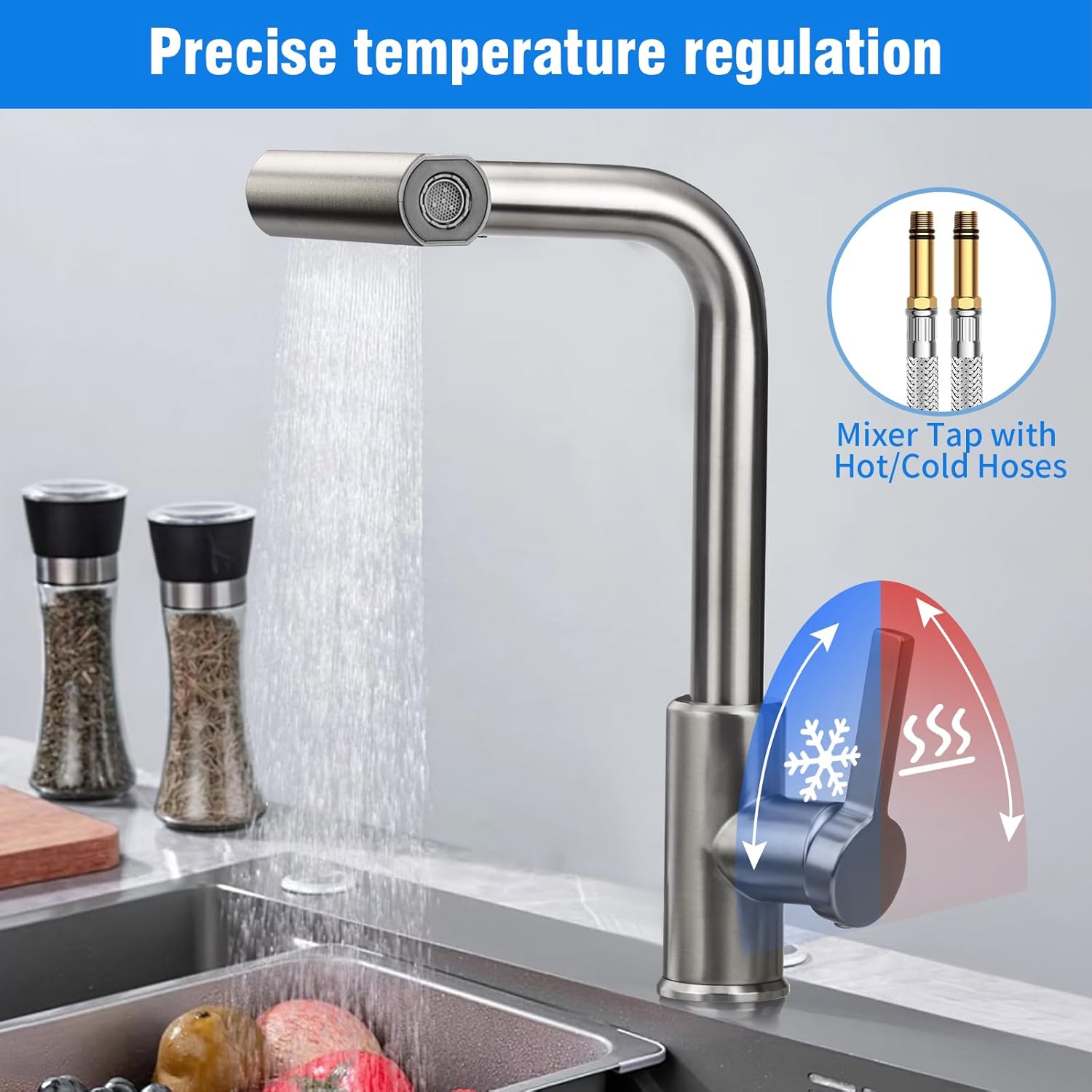 Kitchen Mixer Tap with Extendable Spray Head, 4-Mode Flow, Aerator & Filter – UK Standard (G1/2)