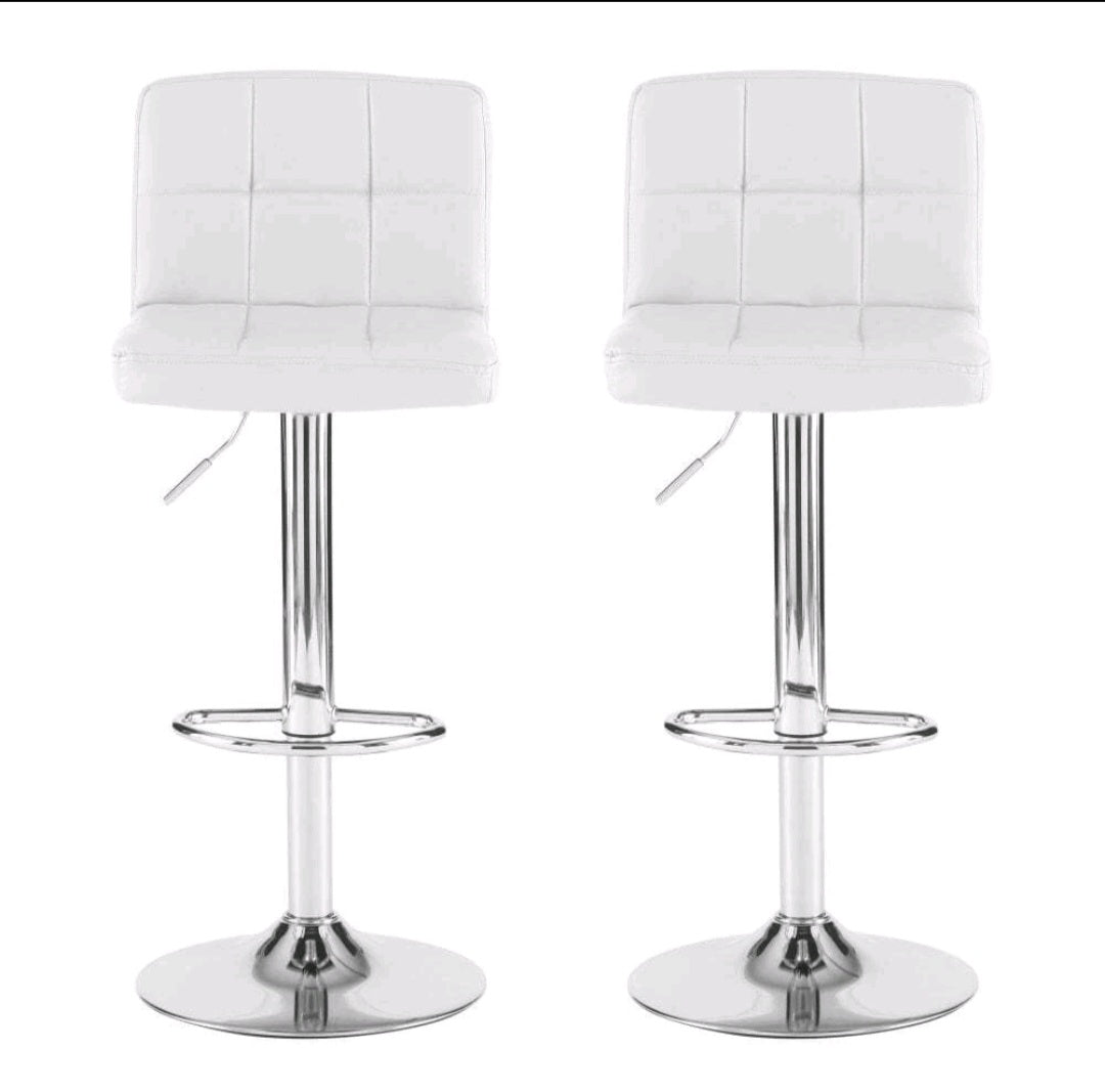 Modern White Faux Leather Gas Lift Bar Stools – Set of 2 | Adjustable Swivel Kitchen Breakfast Bar Chairs