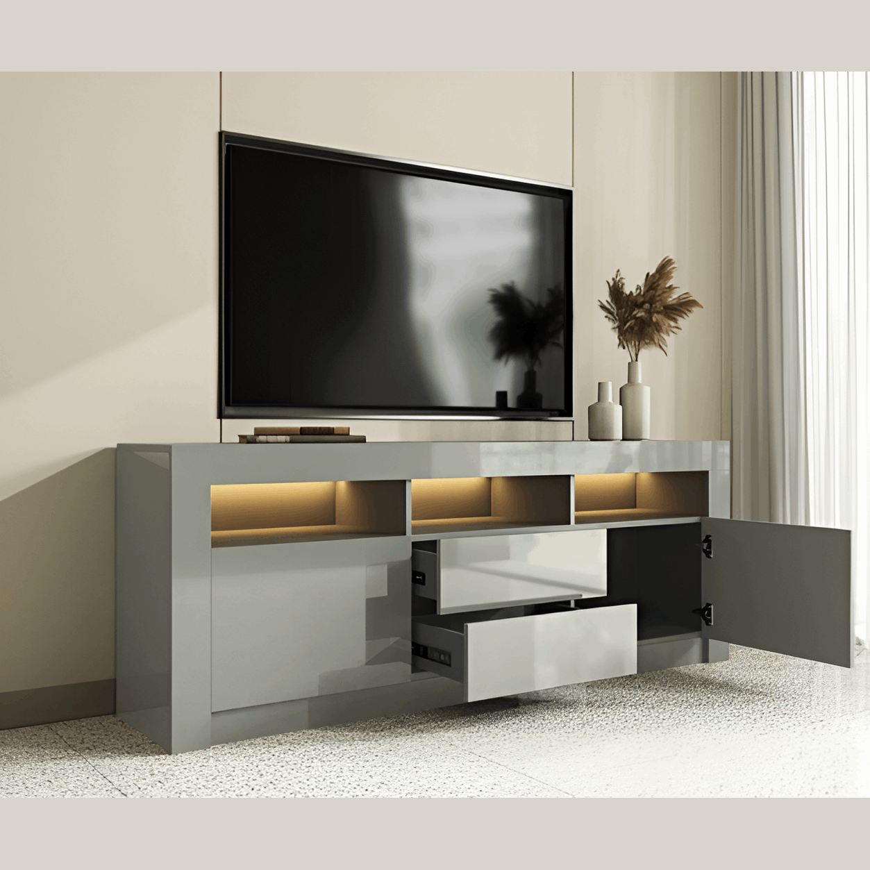 Grey Gloss LED TV Stand & Media Unit Fits TVs Up to 65” 08020035J