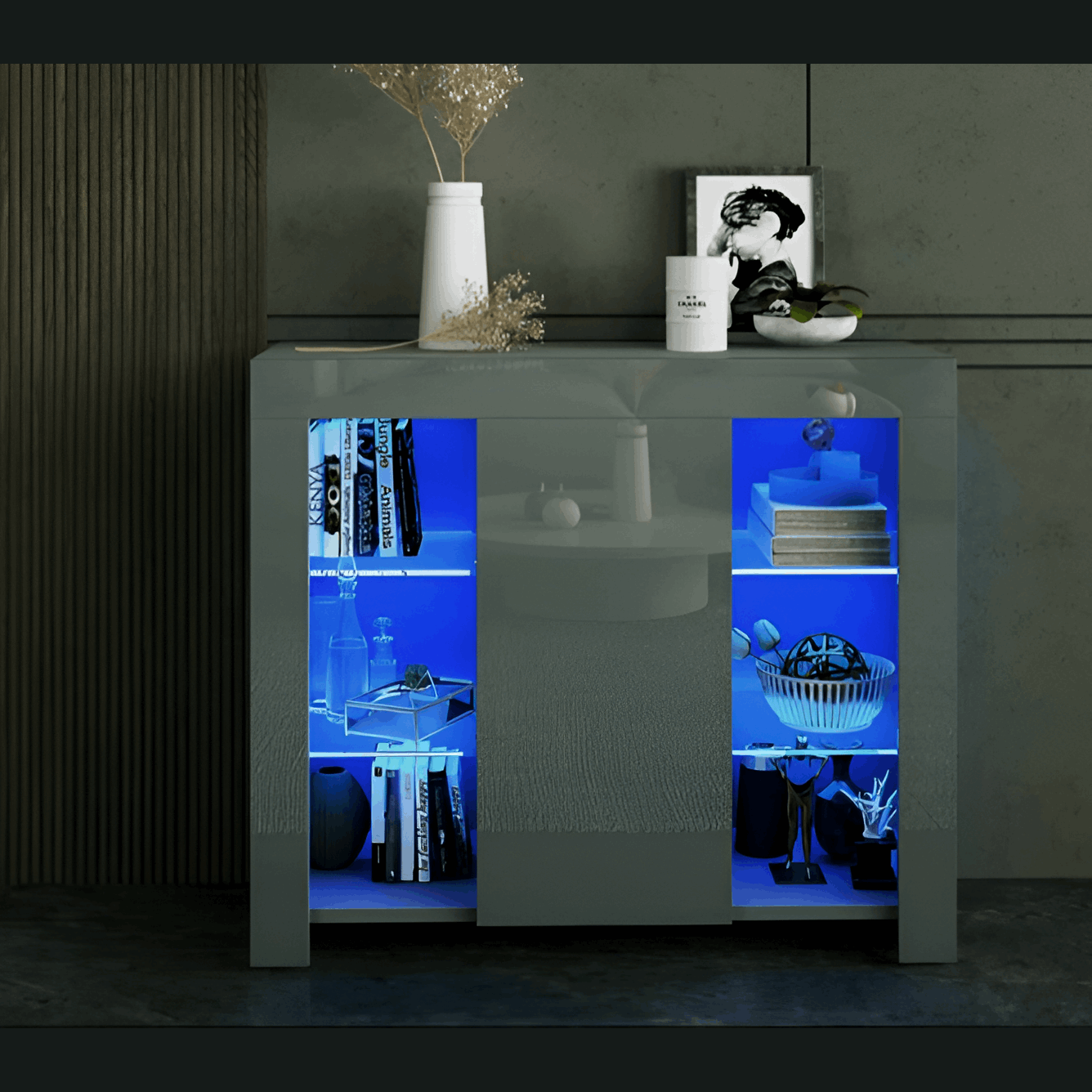 Modern Grey Gloss LED Sideboard Cabinet, 1 Door, 4 Glass Shelves 08030023J