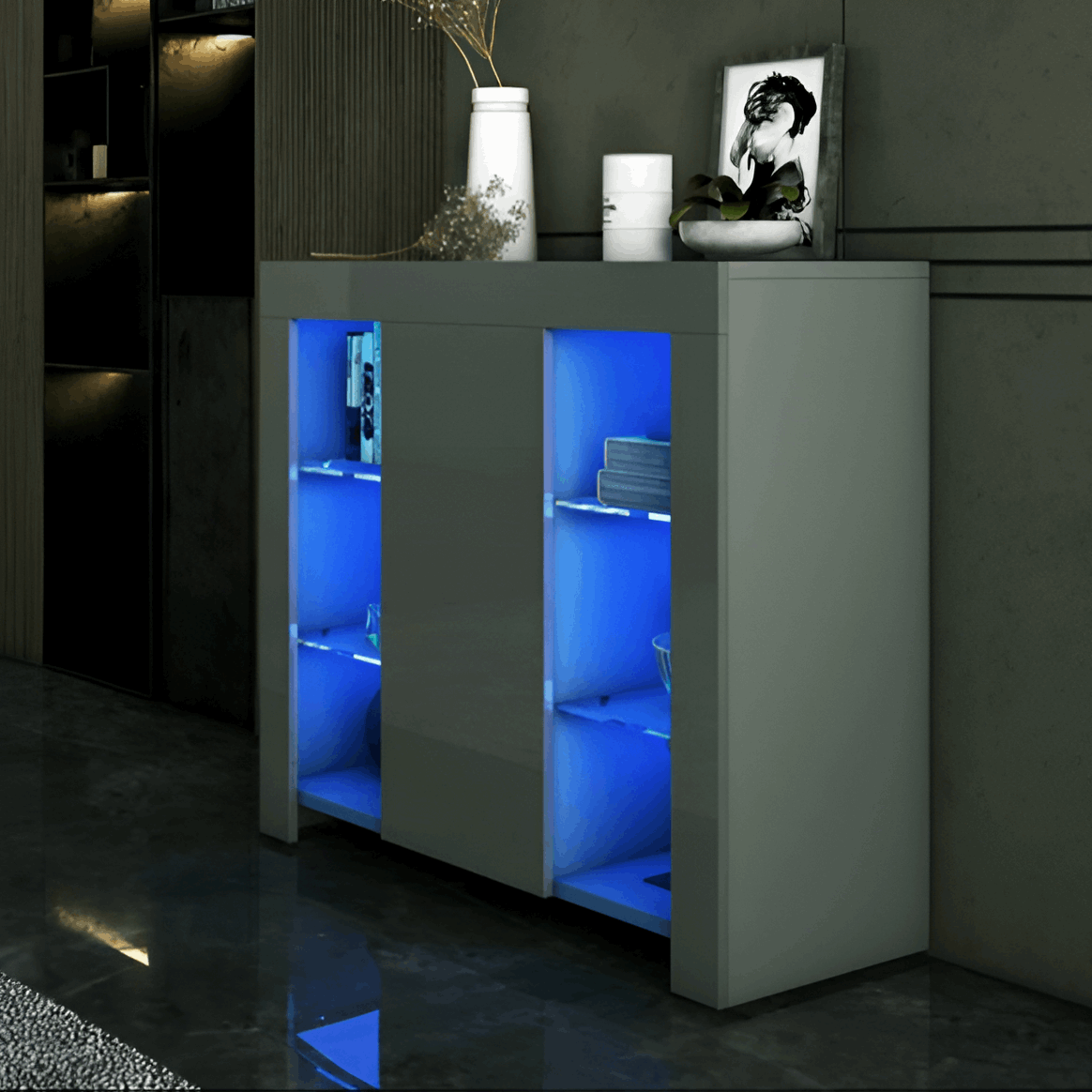 Modern Grey Gloss LED Sideboard Cabinet, 1 Door, 4 Glass Shelves 08030023J