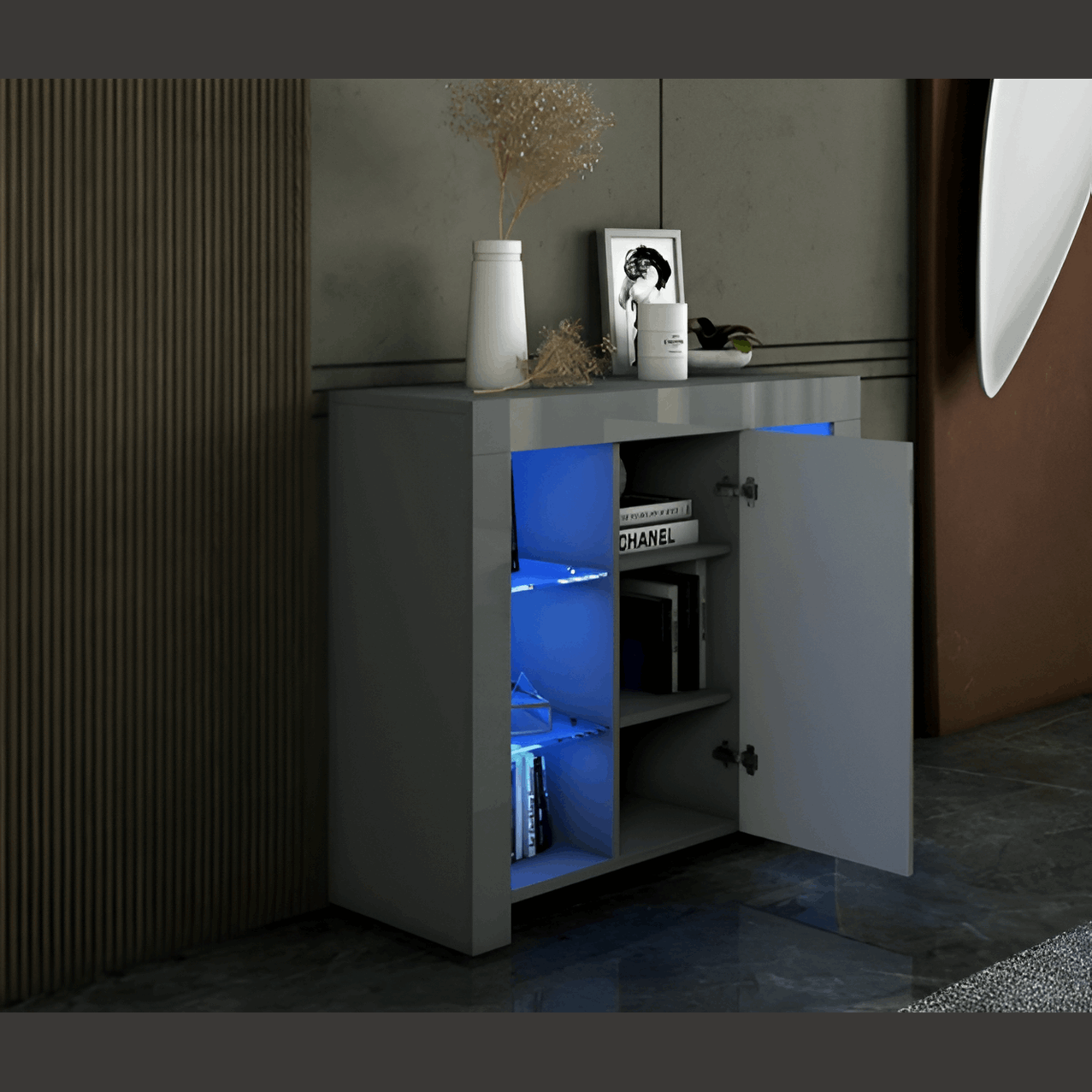 Modern Grey Gloss LED Sideboard Cabinet, 1 Door, 4 Glass Shelves 08030023J