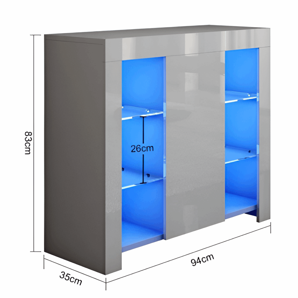Modern Grey Gloss LED Sideboard Cabinet, 1 Door, 4 Glass Shelves 08030023J