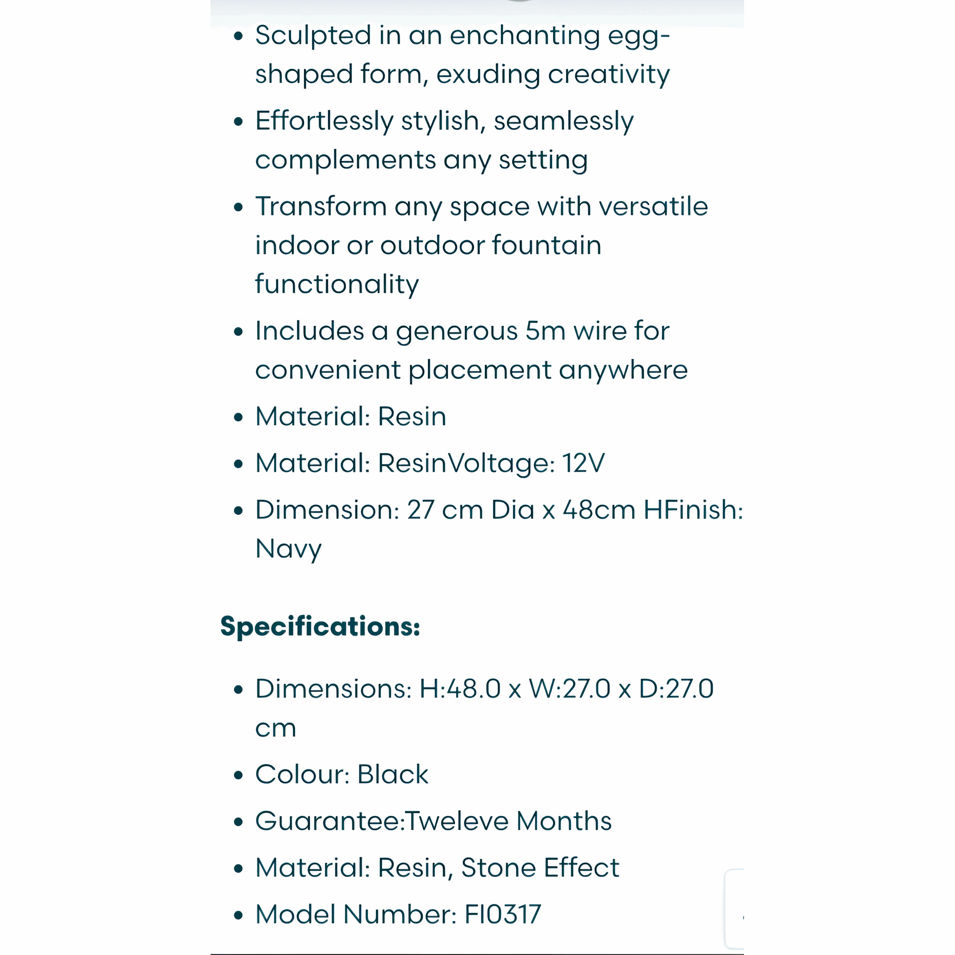 Garden Water Feature Fountain | Egg Shaped | Electric with LED FI0317