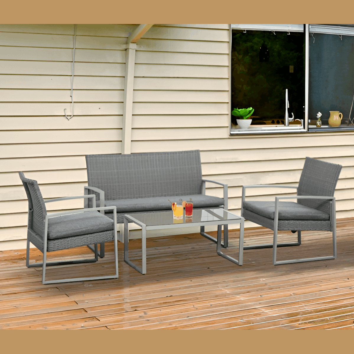 Garden Rattan Wicker 4-Piece Sofa Set Grey