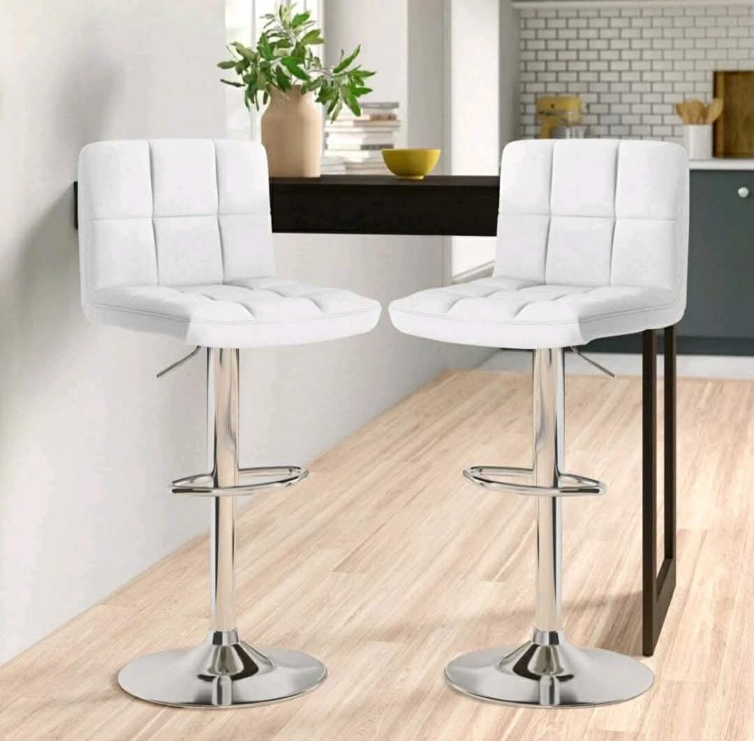 Modern White Faux Leather Gas Lift Bar Stools – Set of 2 | Adjustable Swivel Kitchen Breakfast Bar Chairs